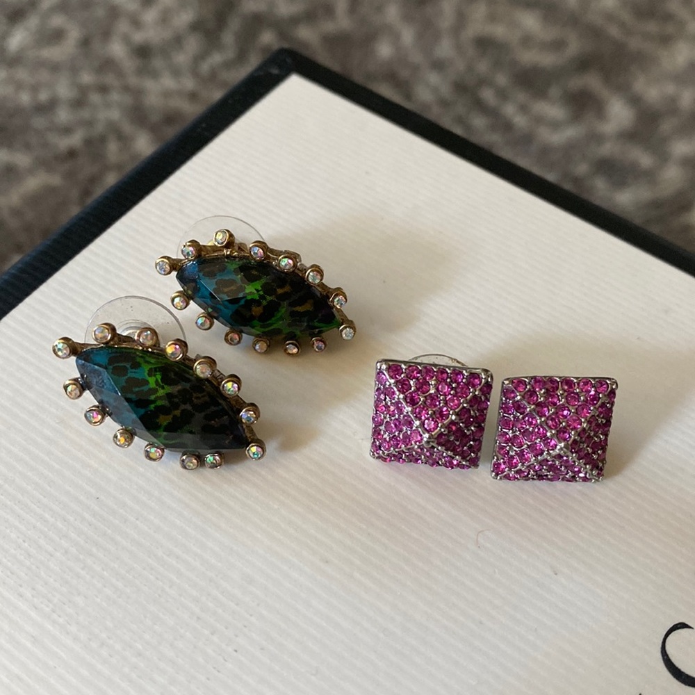 Betsey johnson leopard studs and pink rhinestone pyramid studs